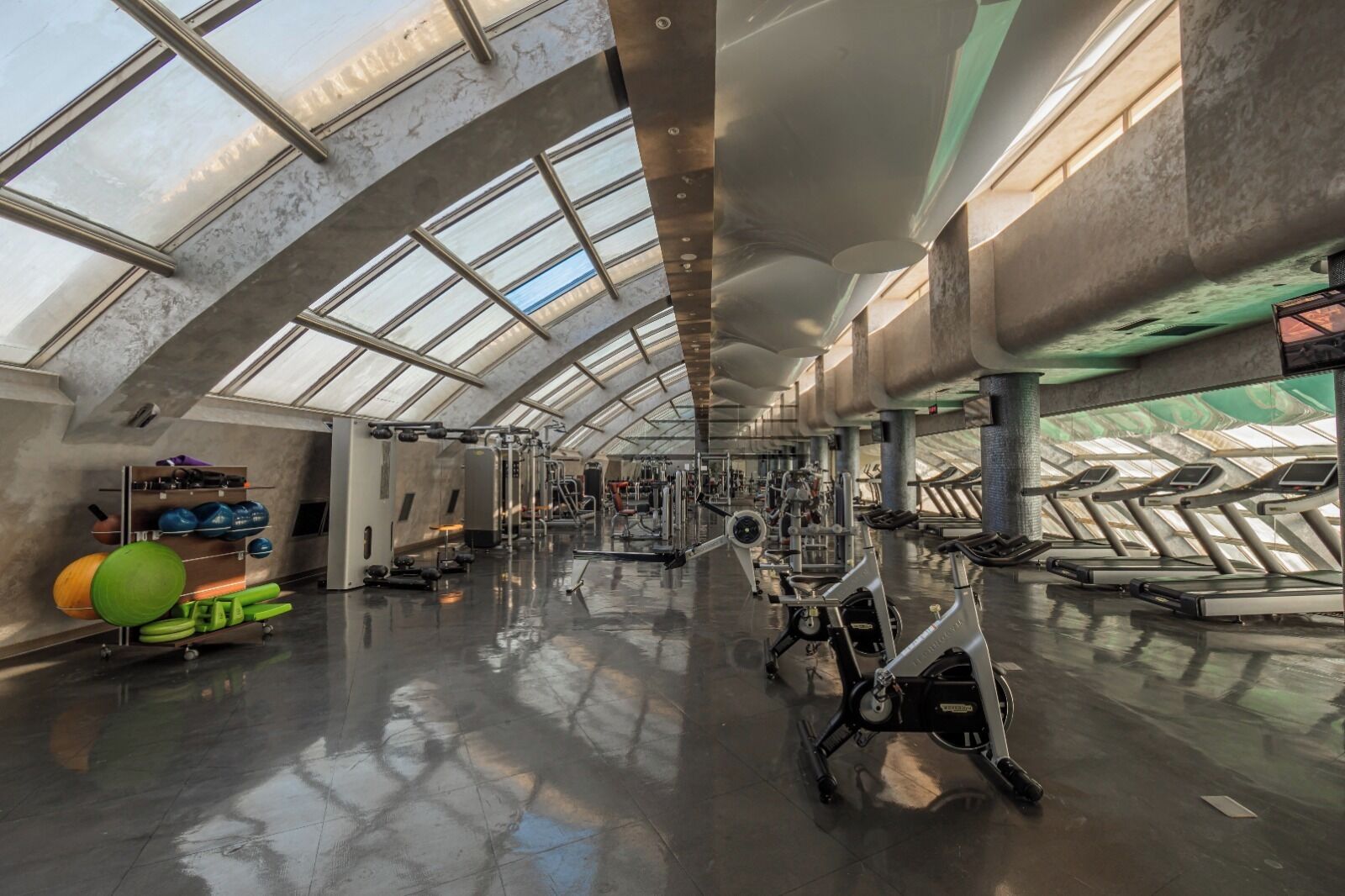 Ein großzügiger Fitnessraum mit hoher Decke und Dachfenstern, ausgestattet mit Cardiogeräten, Krafttrainingsmaschinen und verschiedenen Fitnessbällen.