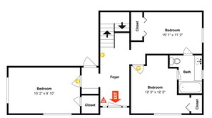 A floor plan of a hotel room with two bedrooms, a foyer, and a bathroom.