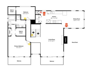 A floor plan with a bedroom, bathroom, kitchen, dining room, living room, and two balconies.