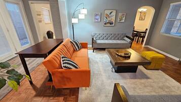 Smart TV, fireplace, books