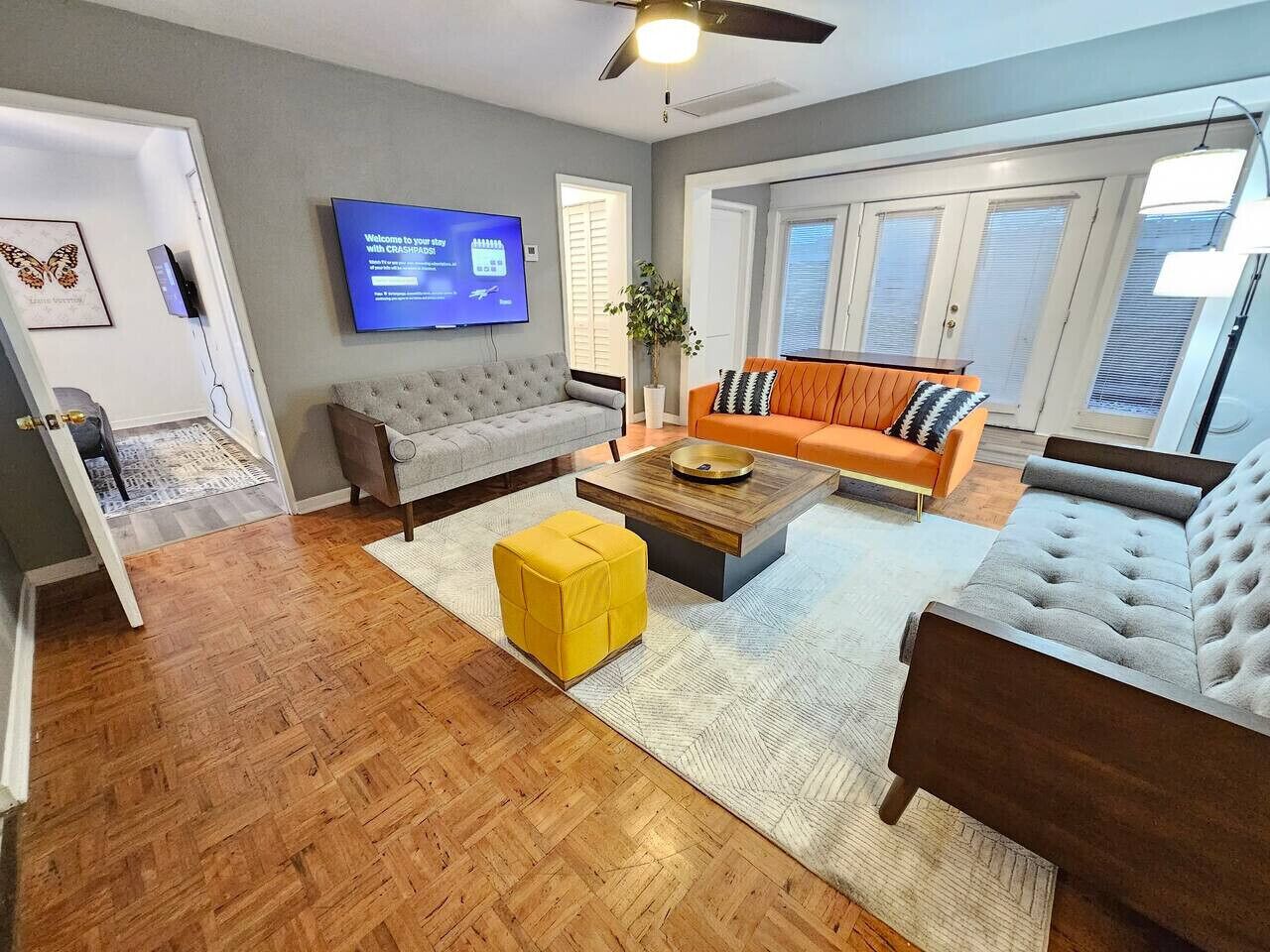 Smart TV, fireplace, books