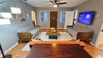 Smart TV, fireplace, books