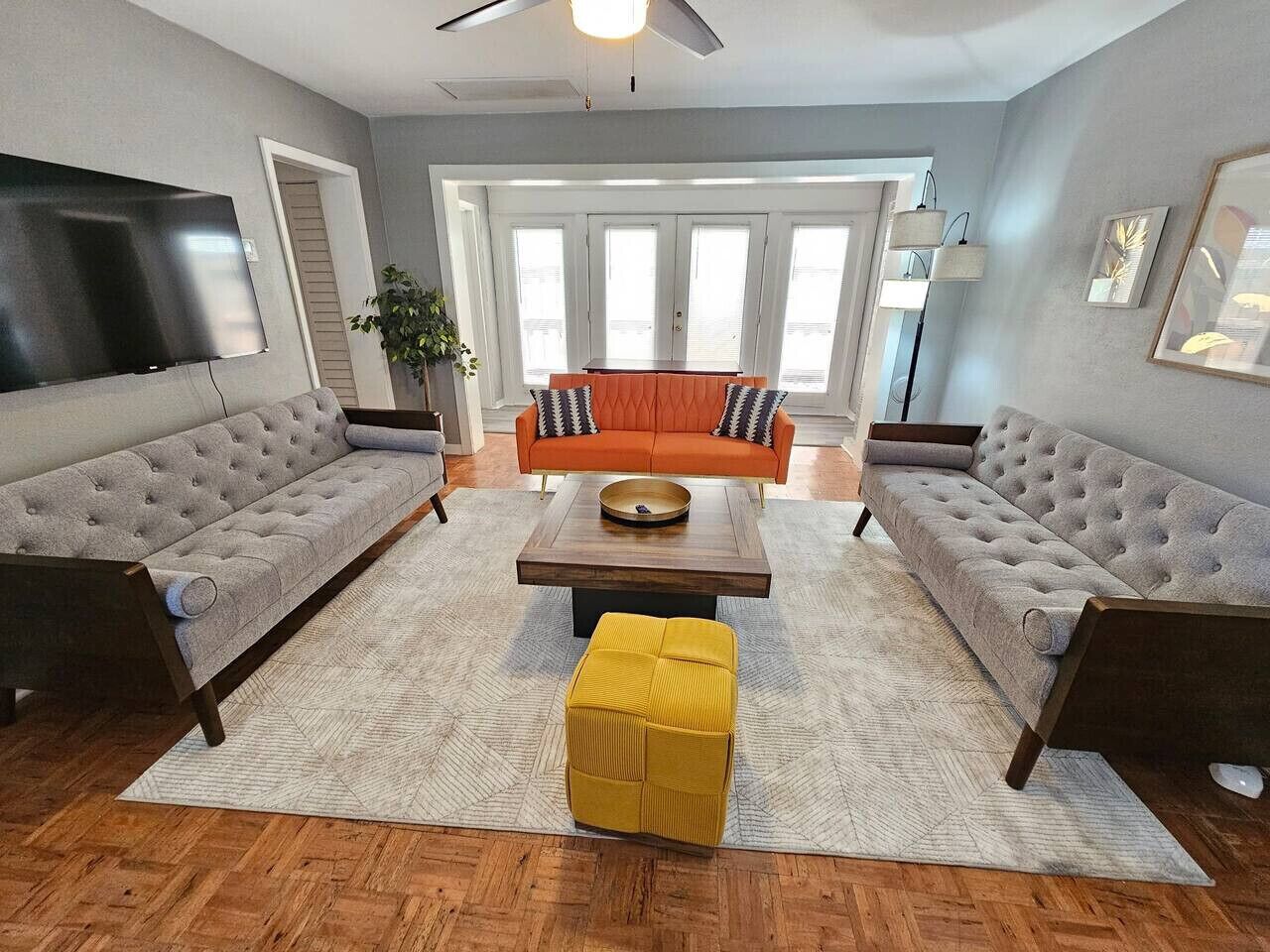 Smart TV, fireplace, books