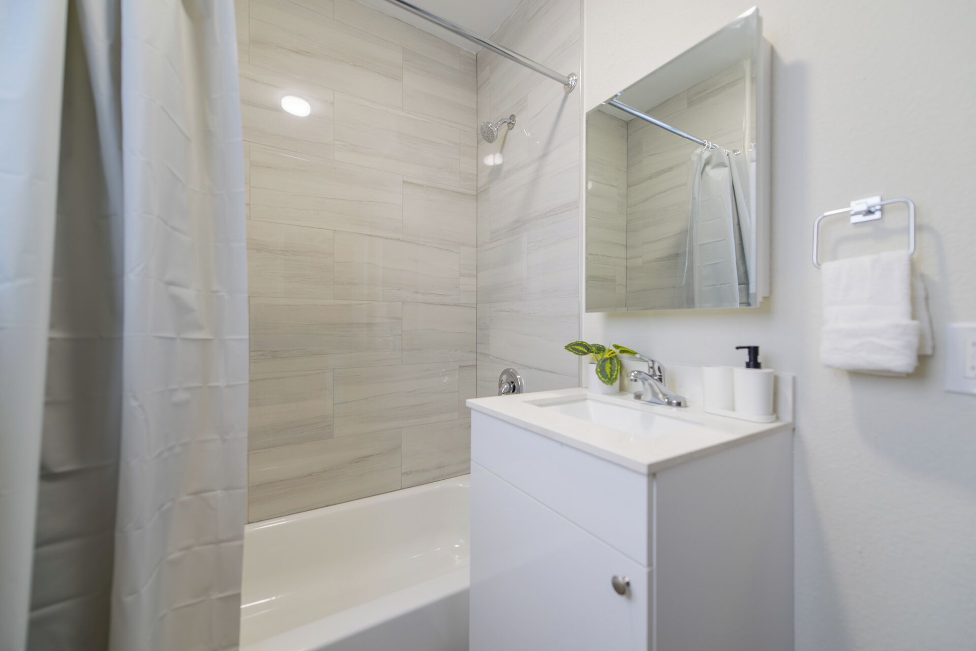 A modern bathroom with a shower, a sink, and a mirror.