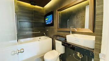 Hair dryer, bidet, towels, soap