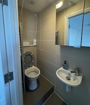 Une petite salle de bain avec des toilettes, un lavabo et un miroir.