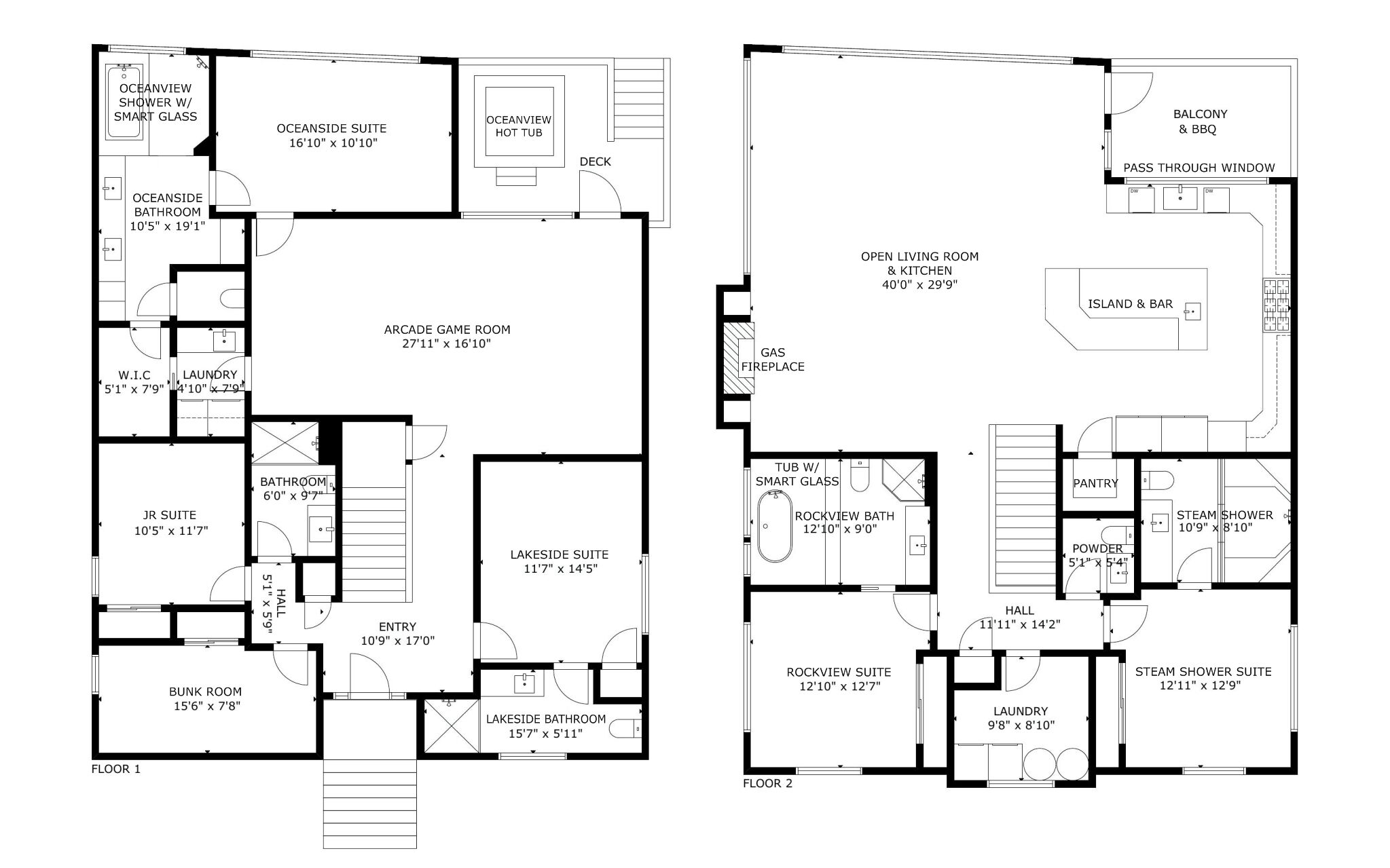 Plano de un hotel de dos pisos, con suites, sala de juegos, balcón y varios baños.