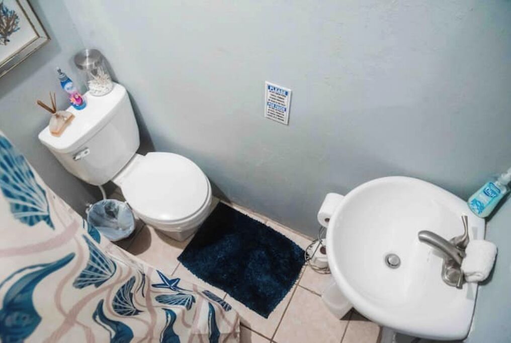 Une petite salle de bain avec des toilettes, un lavabo et un tapis bleu.