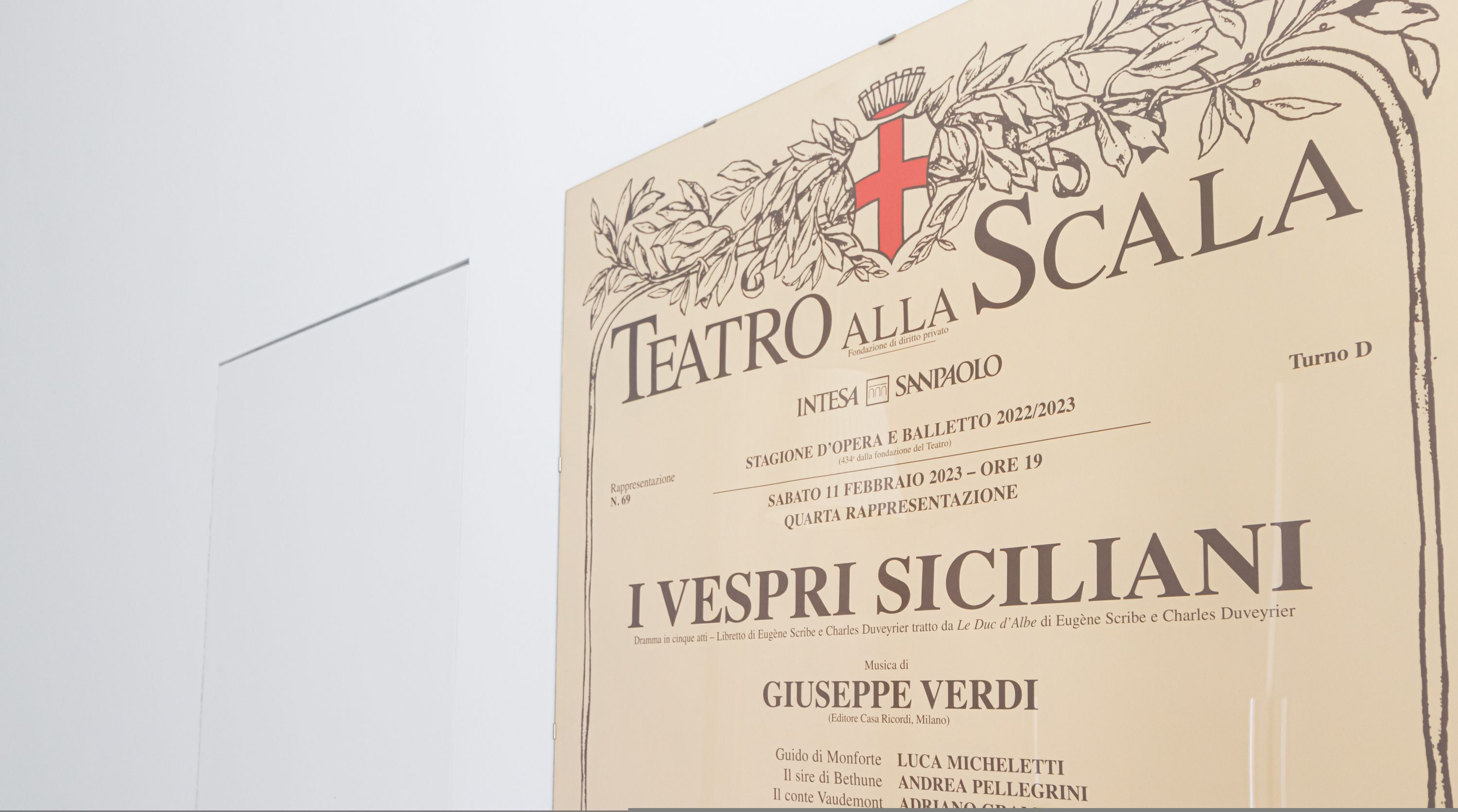 A theater ticket with the name "Teatro alla Scala" and the play "I Vespri Siciliani" by Giuseppe Verdi.
