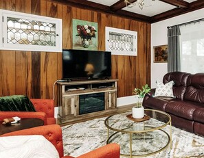 Smart TV, fireplace, DVD player, books