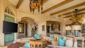 Smart TV, fireplace, video games, DVD player