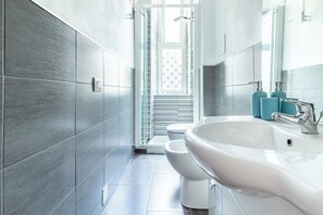 Chuveiro, secador de cabelo, bidê, toalhas de banho