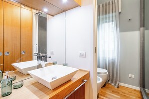 Shower, hair dryer, bidet, towels