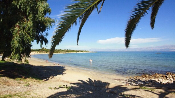 A beach with clear blue water, a sandy shore, and palm trees. - Villa Eleni Peritheia by Corfu Escapes (Corfu)