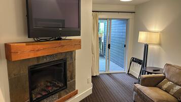 Smart TV, fireplace, books