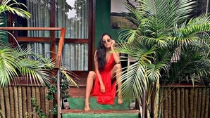 Una persona seduta sui gradini esterni in un giardino con vegetazione lussureggiante e una recinzione in legno.