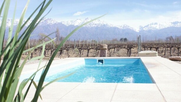 A swimming pool with a view of snow-capped mountains and vineyards in the background. - Finca Rosablanca (Tunuyan)