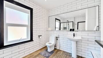 Hair dryer, towels, soap, toilet paper