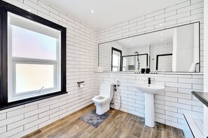 Hair dryer, towels, soap, toilet paper