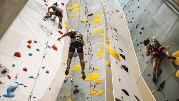 Un mur d'escalada amb diferents agafadors i un sistema de corda.