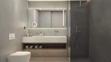 Shower, hair dryer, slippers, towels