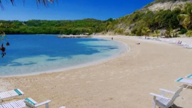 Una playa con agua azul cristalina, orilla de arena y algunas sillas de playa.