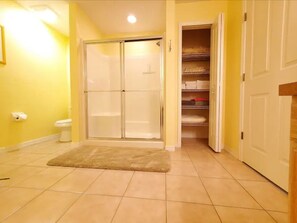 Shower, towels, toilet paper