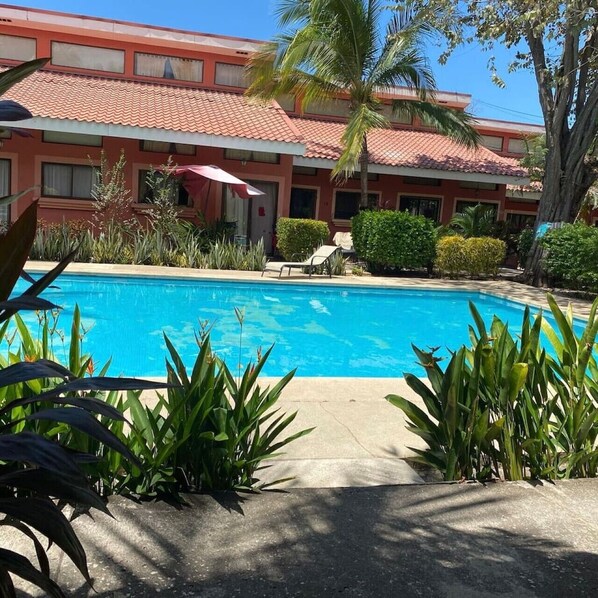 A swimming pool surrounded by greenery, a palm tree, and a building with a tiled roof.