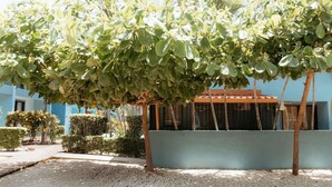 A courtyard with a pergola covered in green foliage, a blue building with a tiled roof, and a gravel ground. - Villa Riviera in Coco Beach (Coco)