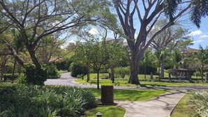 A park pathway with trees and a trash bin. - Lovely 2 bdrm Condo in Pacifico (Coco)