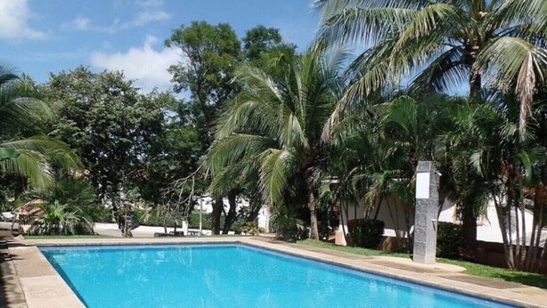 A rectangular swimming pool surrounded by palm trees and greenery. - 2bdrm/2bth walk to the beach1 (Coco)