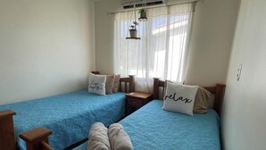 Ein Schlafzimmer mit zwei Betten, einem hölzernen Stuhl, einem Nachttisch, einem Fenster mit transparenten Vorhängen und einer hängenden Pflanze.