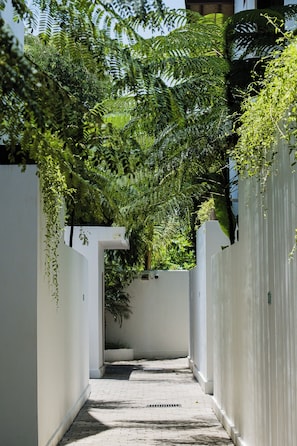 A narrow alleyway with white walls and a brick floor, surrounded by lush greenery and white fences.