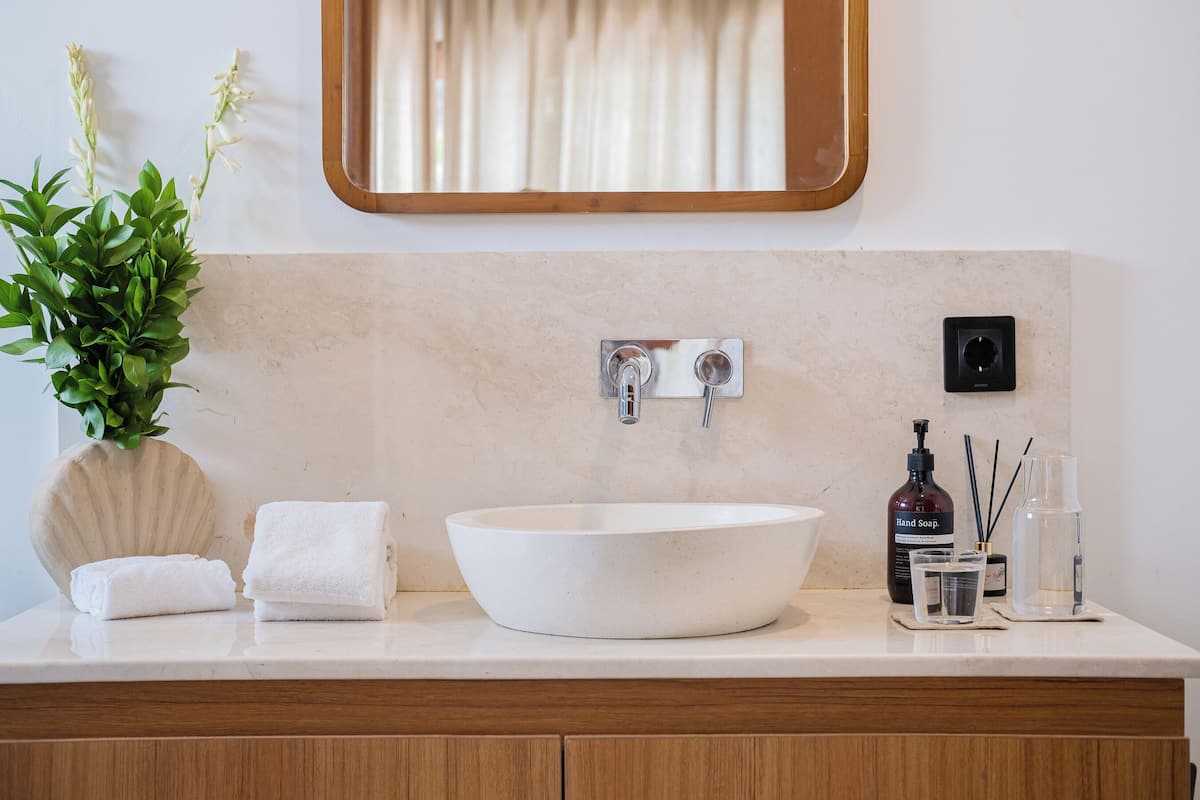 A bathroom with a large white sink, two towels, a potted plant, a hand soap dispenser, and a mirror.