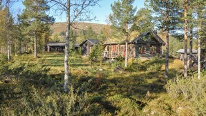 Ein rustikaler Ferienhauskomplex, umgeben von dichtem Wald, mit mehreren Holzhäusern und einem markanten Haus mit Veranda.