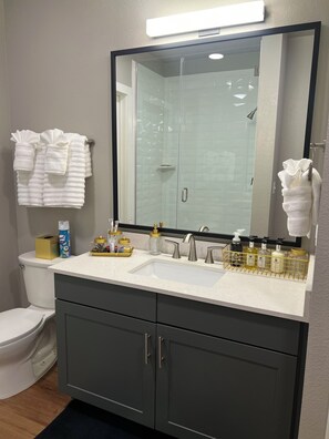 Shower, hair dryer, towels, soap
