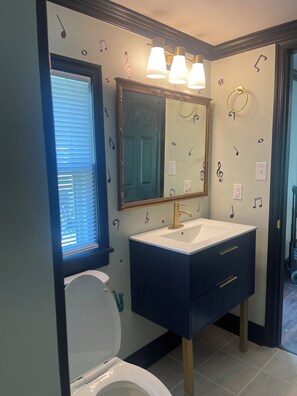 Hair dryer, towels, soap, toilet paper
