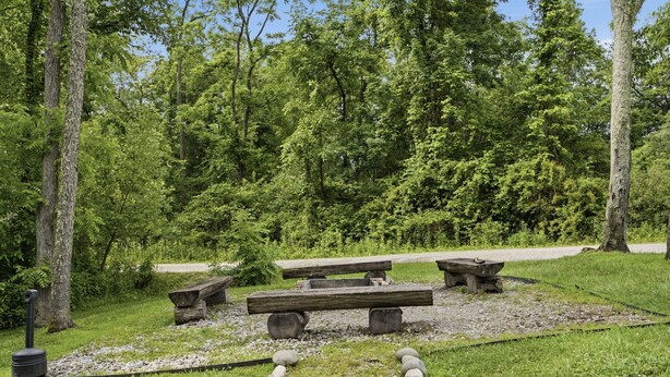 A picnic area with benches and a stone structure, surrounded by trees and greenery.