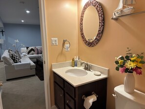 Hair dryer, towels, soap, shampoo