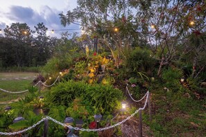 A garden with a water feature, chain-link fence, and string lights.