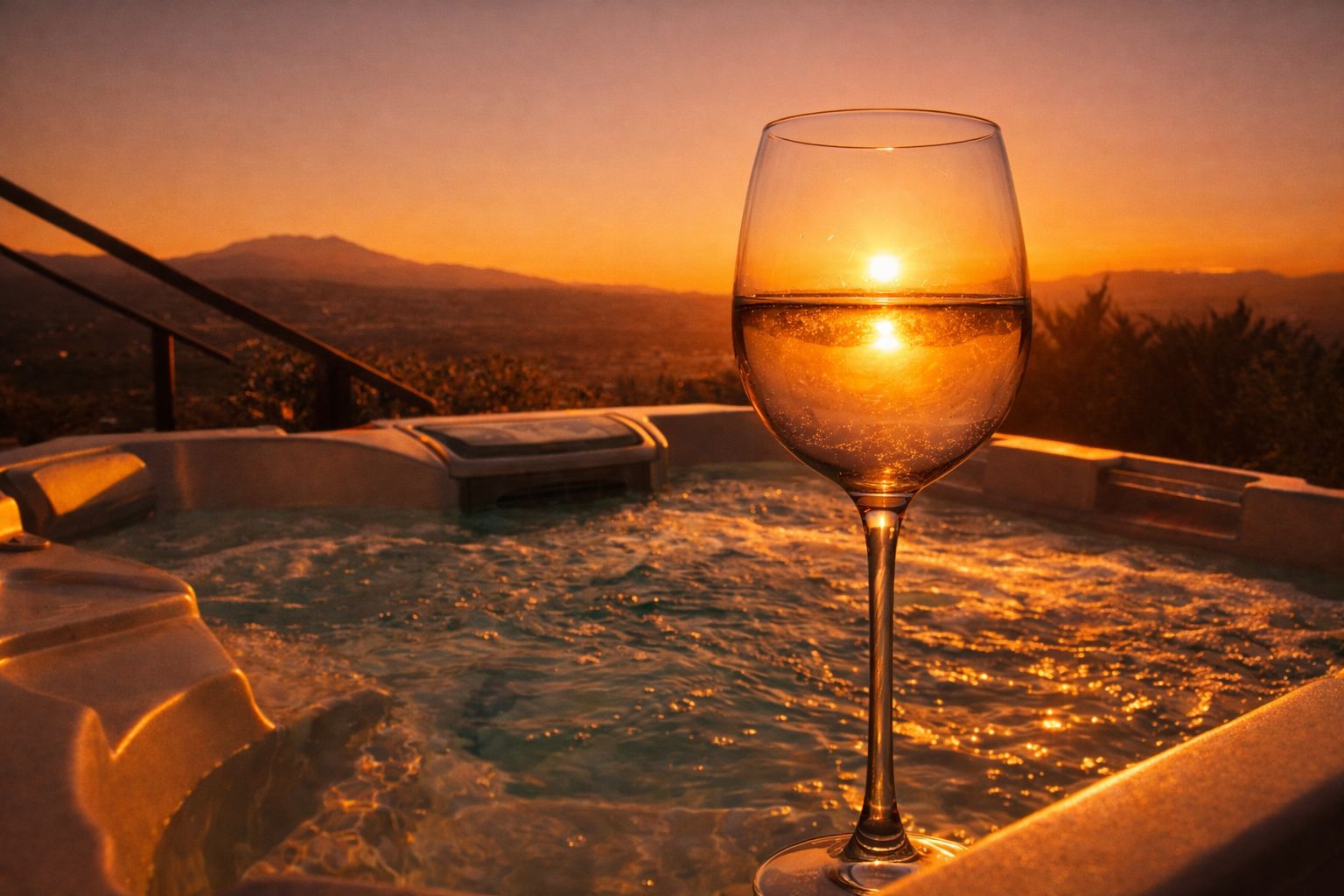A glass of white wine on a hot tub with a sunset view.
