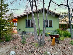 A green house with a porch, a wheelbarrow, and a garden with mulch and plants.