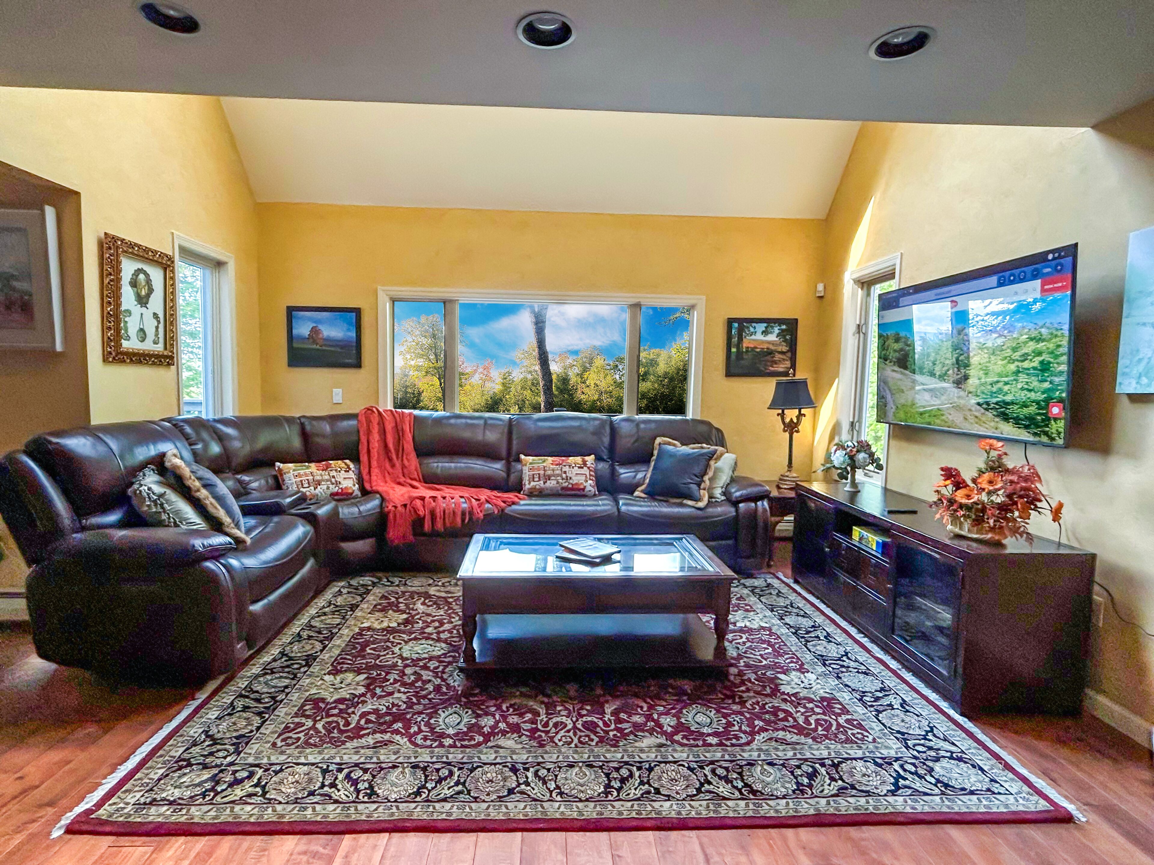 Smart TV, fireplace, books, stereo