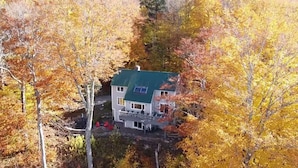 A two-story house with a green roof, surrounded by autumn-colored trees.