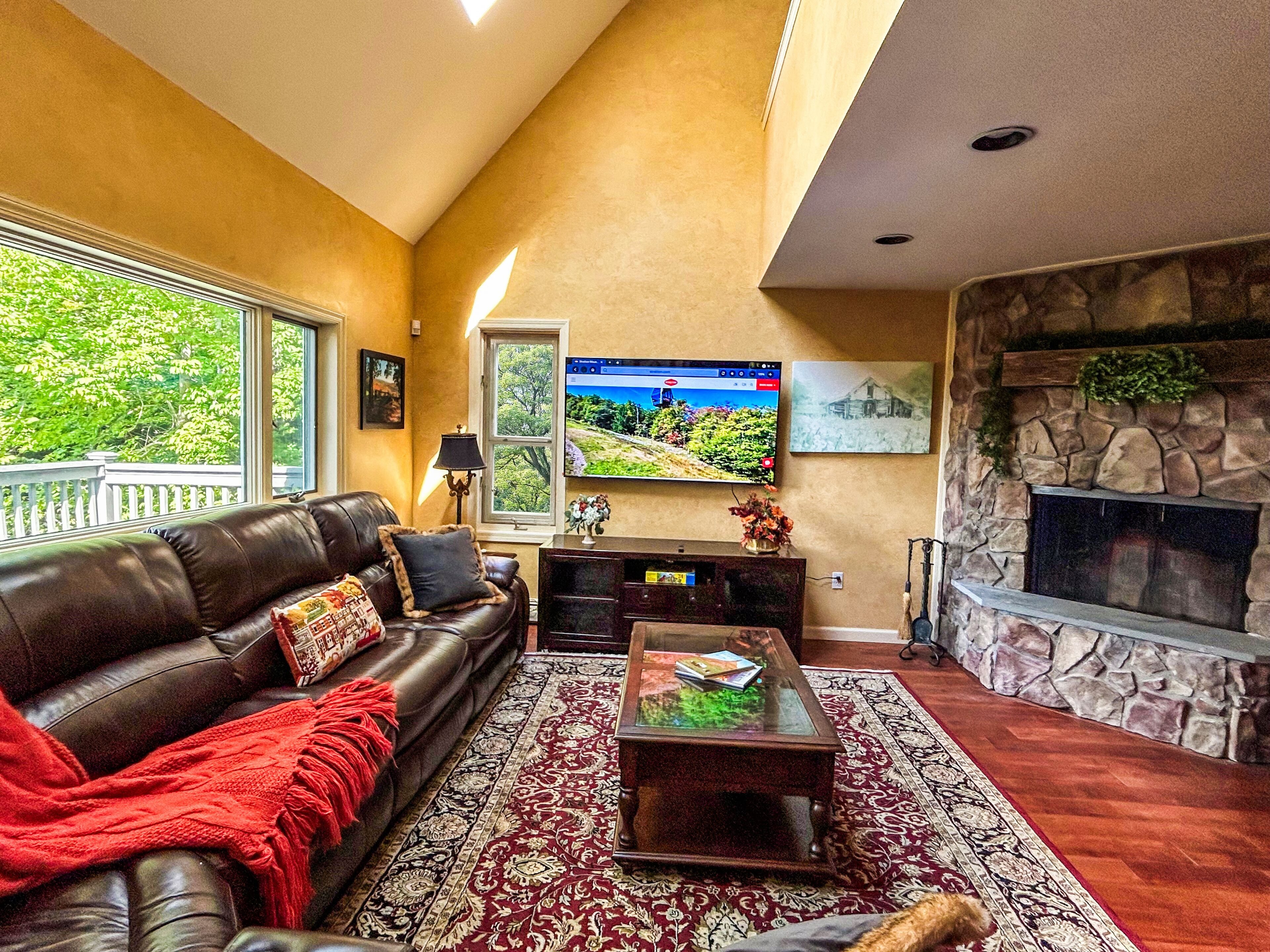 Smart TV, fireplace, books, stereo