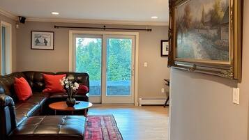 Smart TV, fireplace, books, stereo