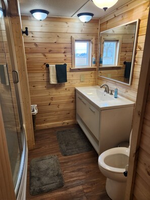 Hair dryer, towels, soap, toilet paper