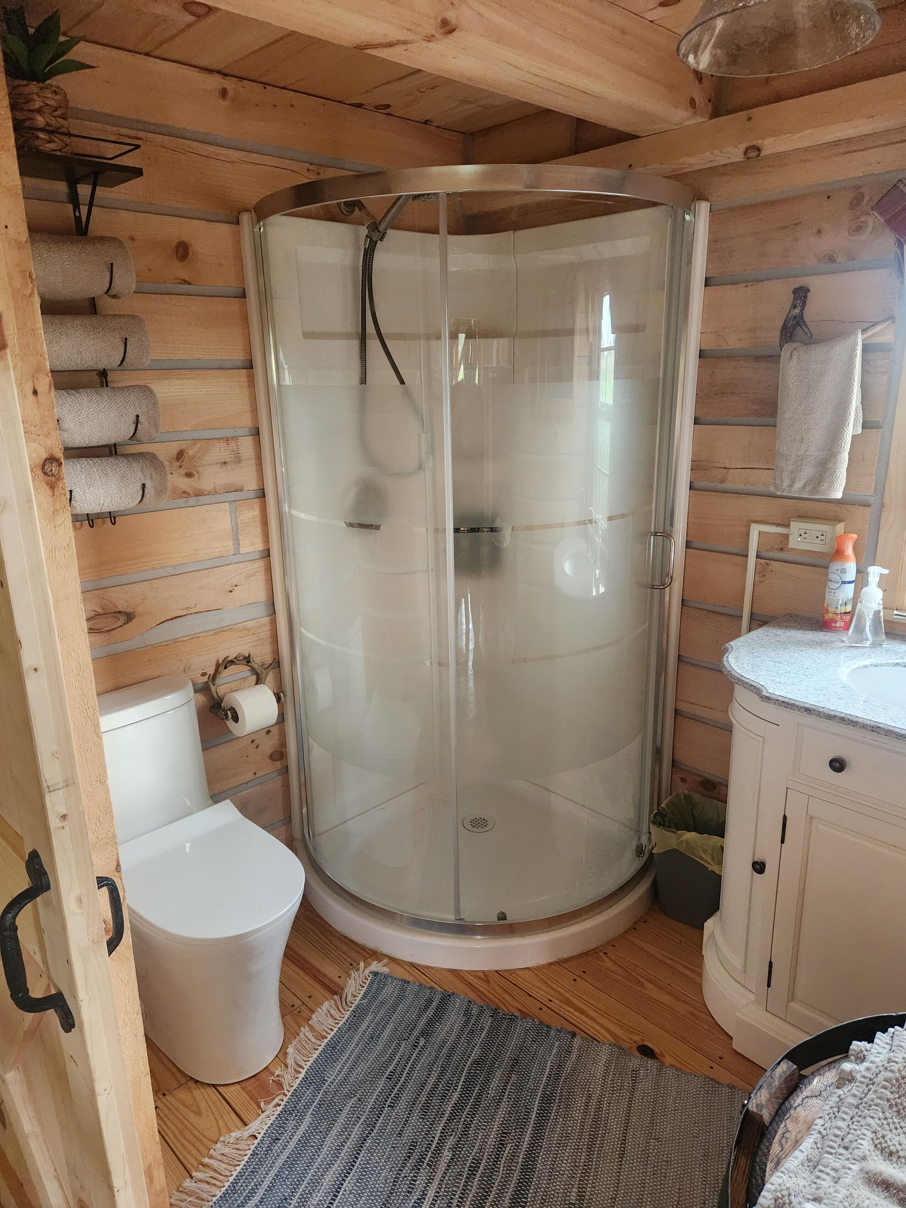 Douche, séchoir à cheveux, serviettes fournies, savon