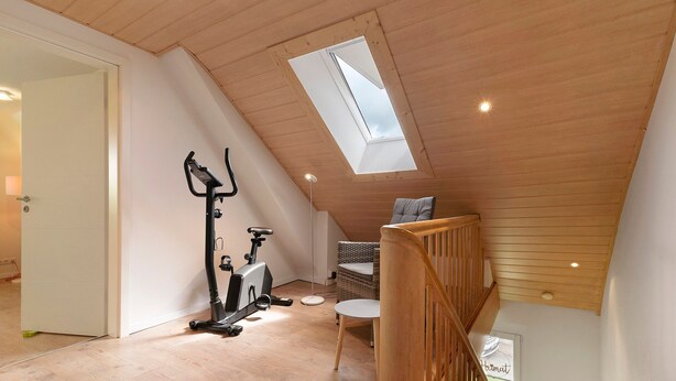 A loft bedroom with a sloped ceiling, a skylight, a wooden staircase, and exercise equipment.