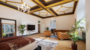 A spacious living room with a large bed, a TV, and a fireplace. - Apartment 'Eremitage' with Shared Pool, Shared Terrace and Wi-Fi (Vitzenburg)
